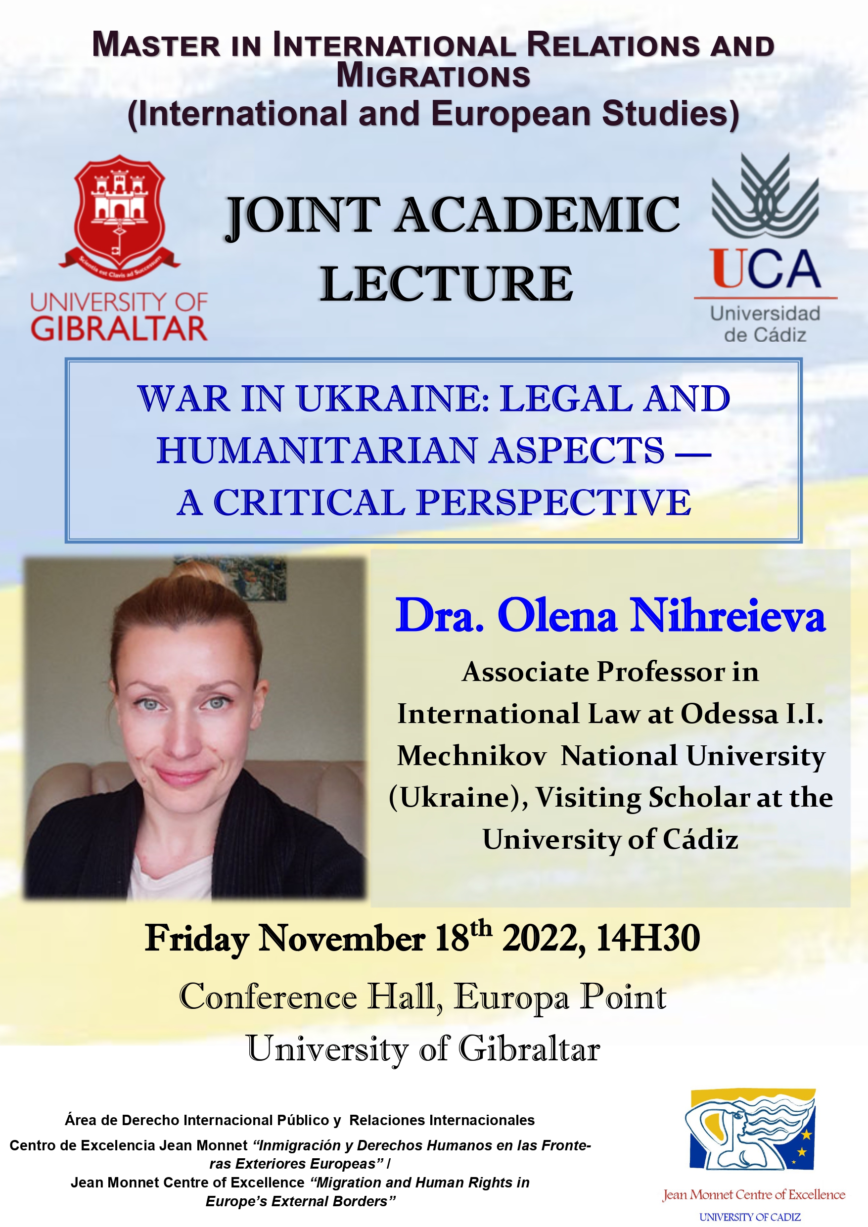 CONFERENCIA – War in Ukraine: Legal and Humanitarian Aspects – A Critical Perspective, Dra. Olena Nihreieva, Universidad de  Gibraltar, 18 noviembre 2022
