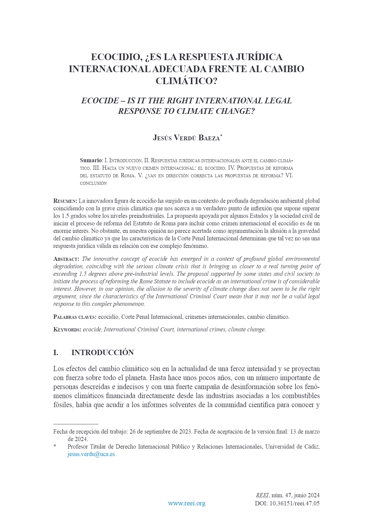 Nueva publicación del Prof. Jesús Verdú Baeza en REEI: Ecocidio, ¿es la respuesta jurídica intern...