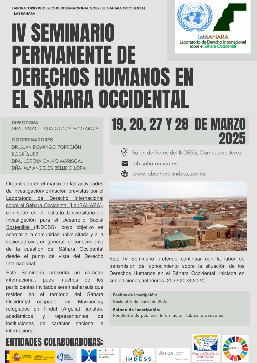 IV SEMINARIO PERMANENTE DE DERECHOS HUMANOS EN EL SÁHARA OCCIDENTAL, 19,20,27 y 28 de marzo de 2025